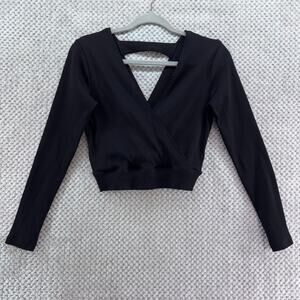 Year of Ours Top Womens L Black Rib Stretch V-Neck Surplice Long Sleeve Crop